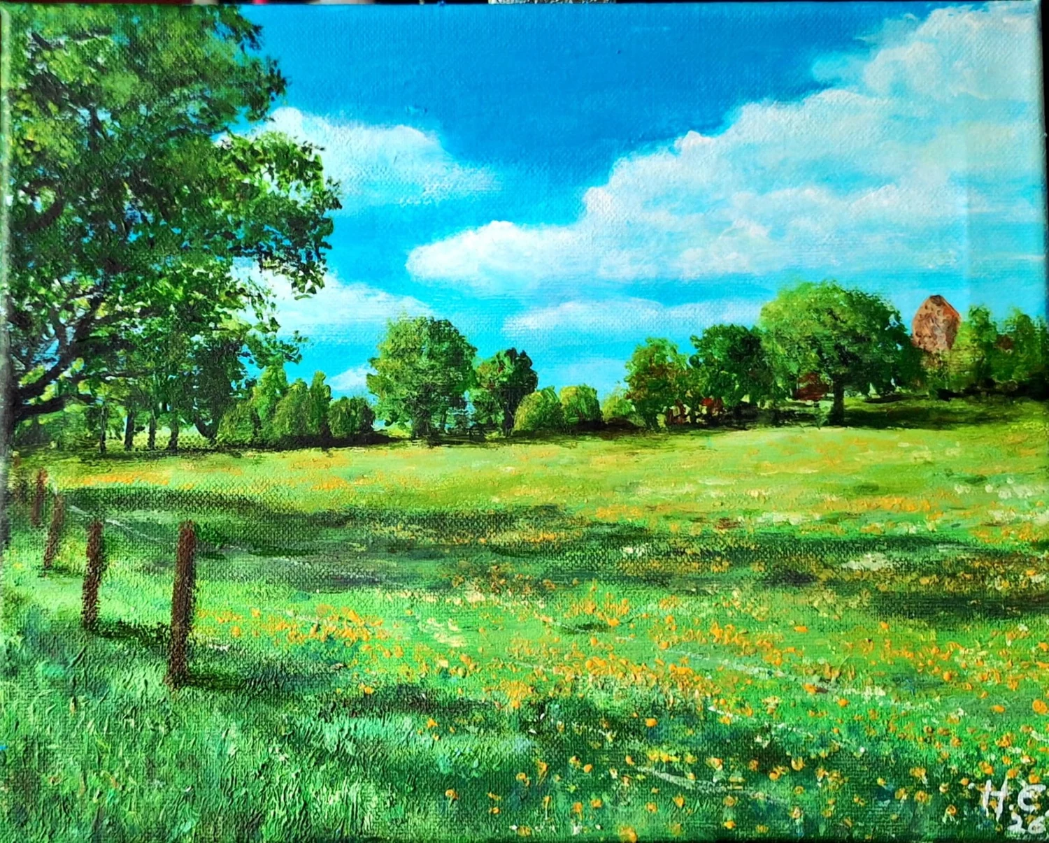 Sommerlandschaft mit Wiese und Bäumen – Gemälde auf Leinwand von Henry, Gestochen Scharf Stendal