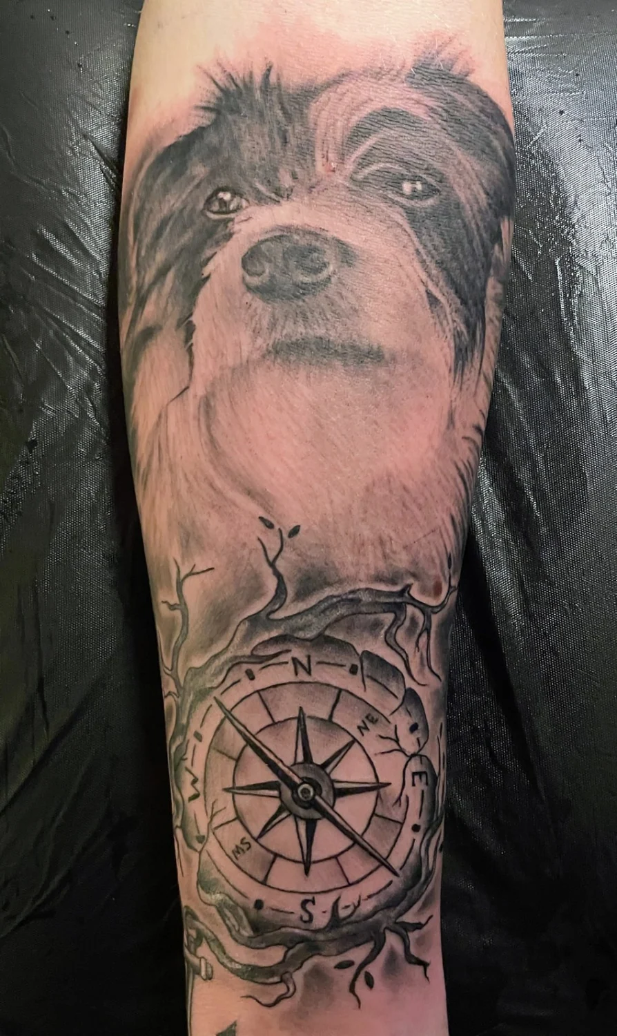 Hundeporträt mit Kompass – Tattoo-Arbeit von Silence