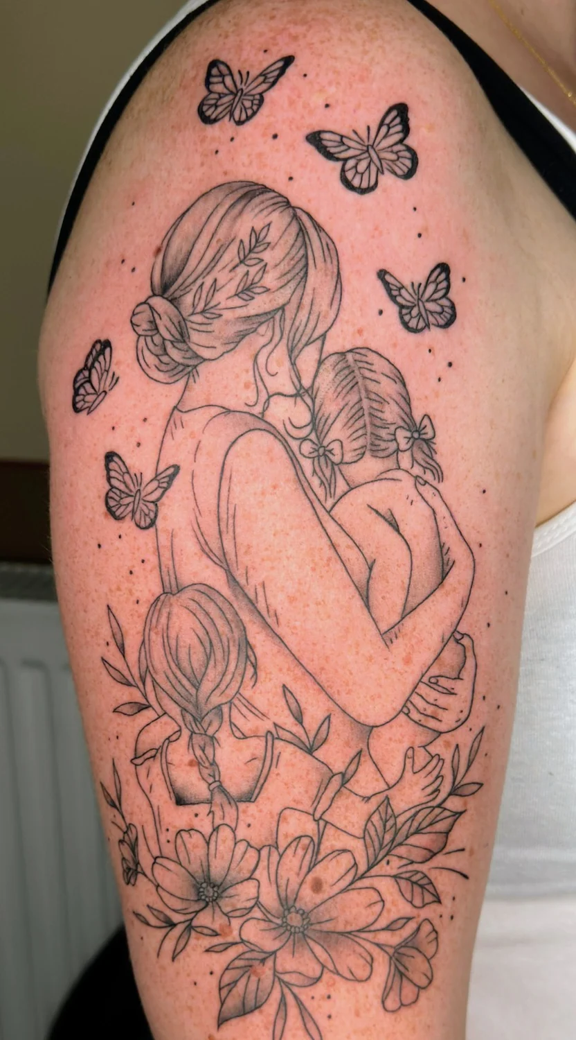 Mutter und Kind mit Schmetterlingen – Tattoo-Arbeit von Silence